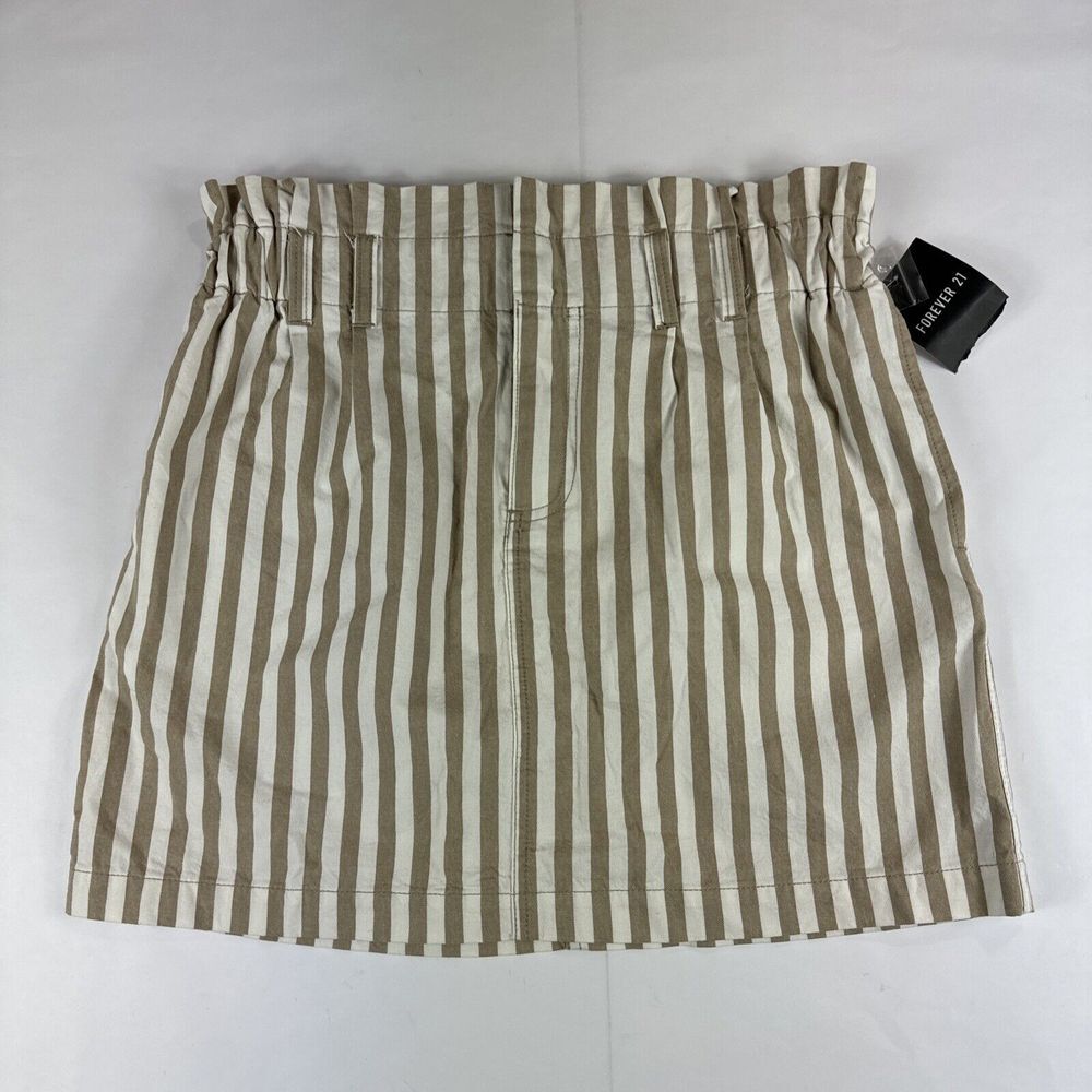 Forever 21 Skirt Womens L Striped Beige White Mini A-Line‎ NEW Preppy Career NWT